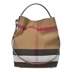 BURBERRY ASHBY canvas check medium leather trim convertible Tote shoulder bag